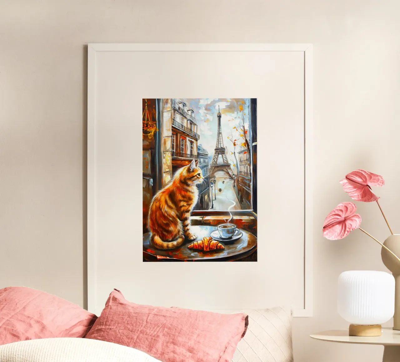 Gatto parigino con caffè e croissant poster da Fleur de Lys