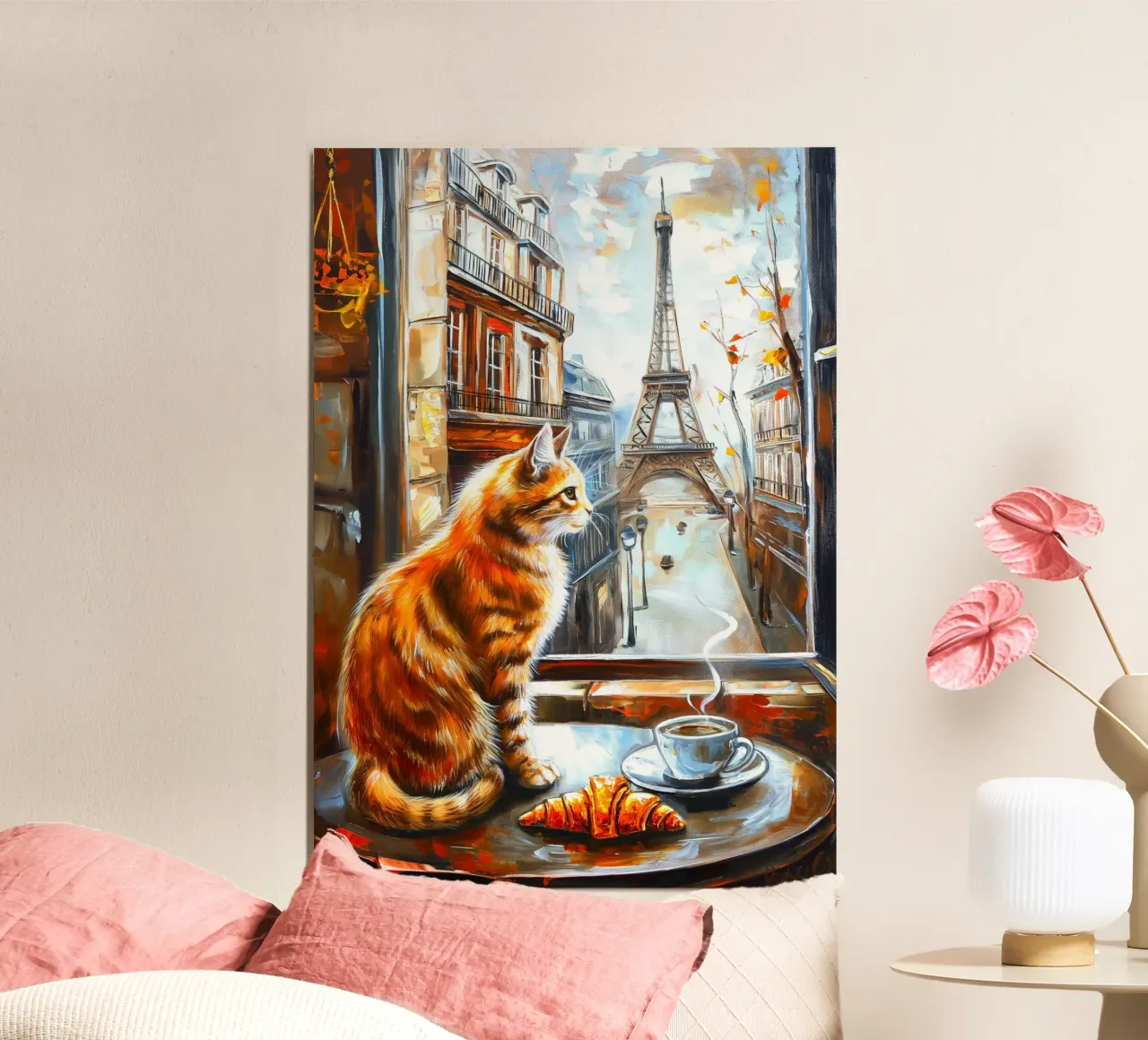Gatto parigino con caffè e croissant poster da Fleur de Lys