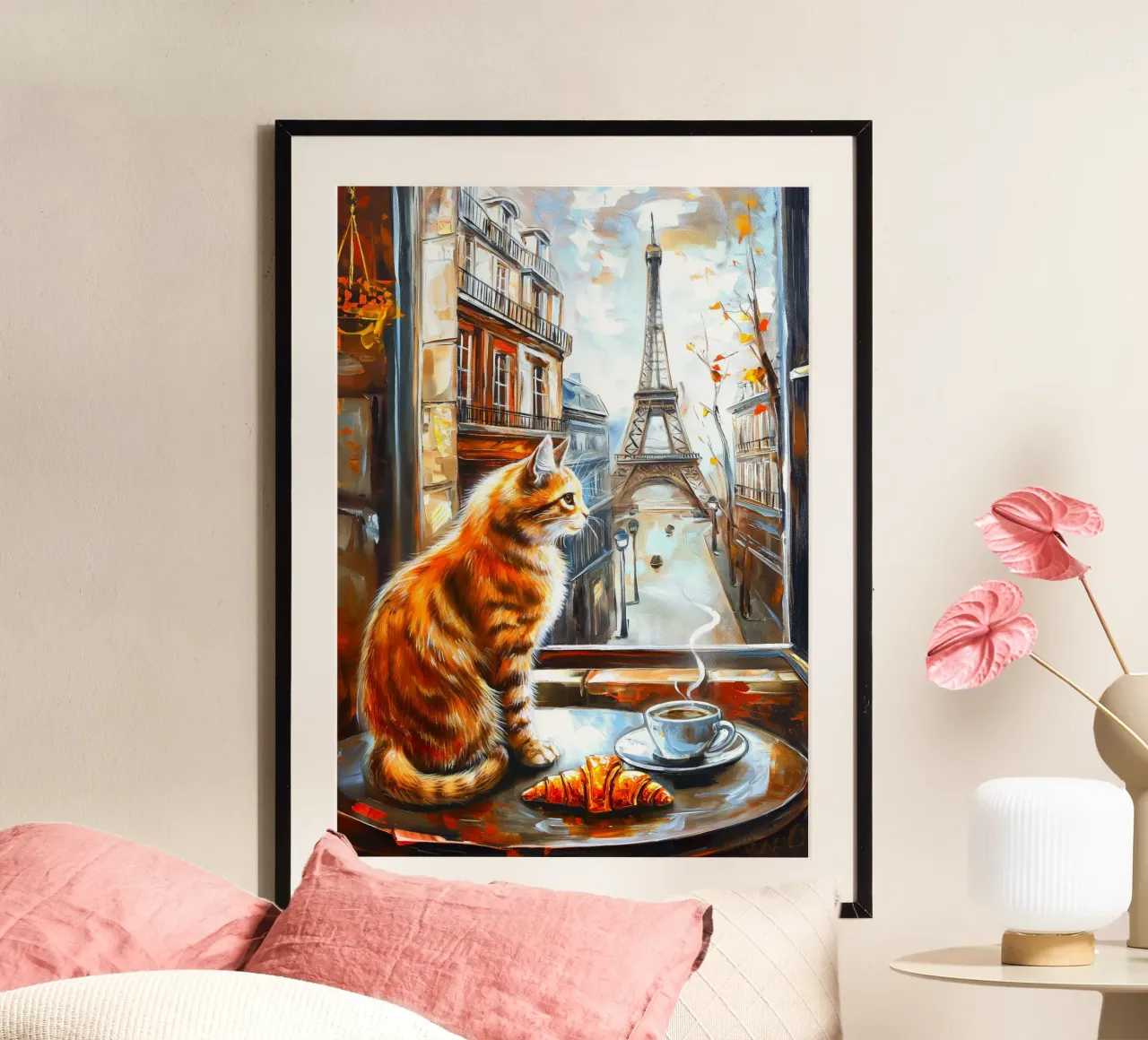 Gatto parigino con caffè e croissant poster da Fleur de Lys