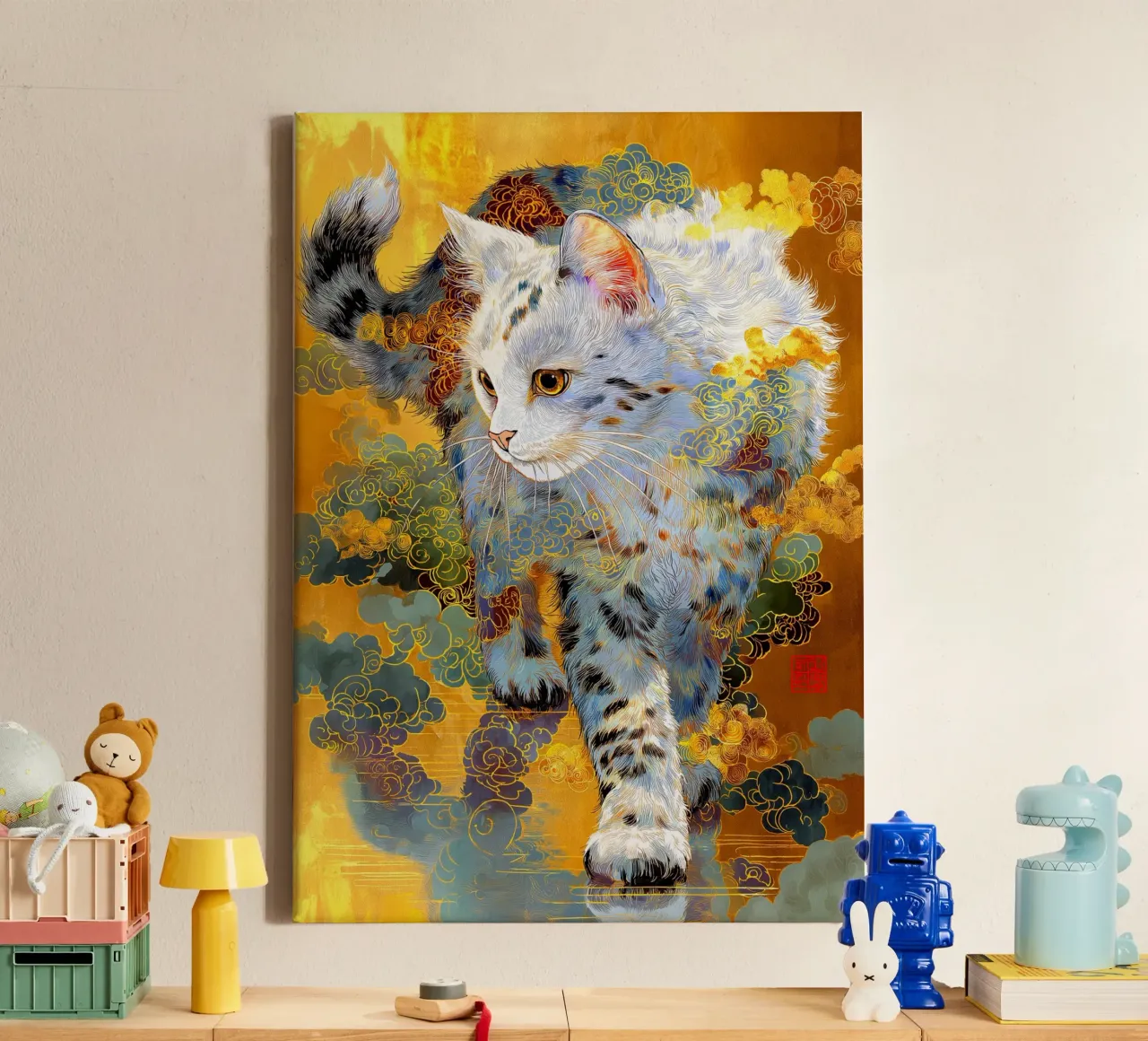 Gatto Ukiyo-e tela con Cornice a cassetta da Fleur de Lys