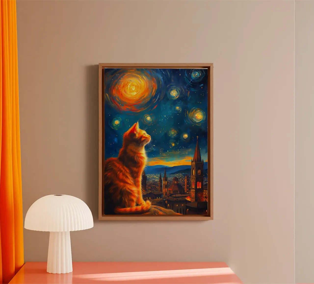 Gatto Firenze Notte Stellata tela con Cornice a cassetta da Fleur de Lys