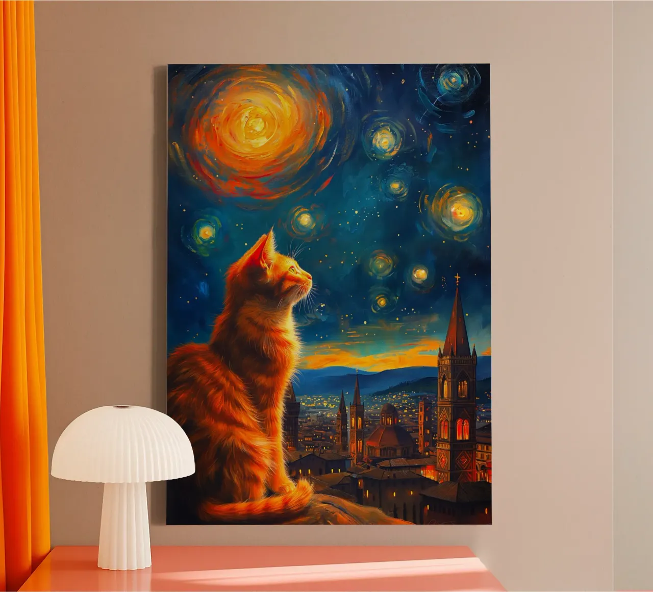 Gatto Firenze Notte Stellata tela con Cornice a cassetta da Fleur de Lys