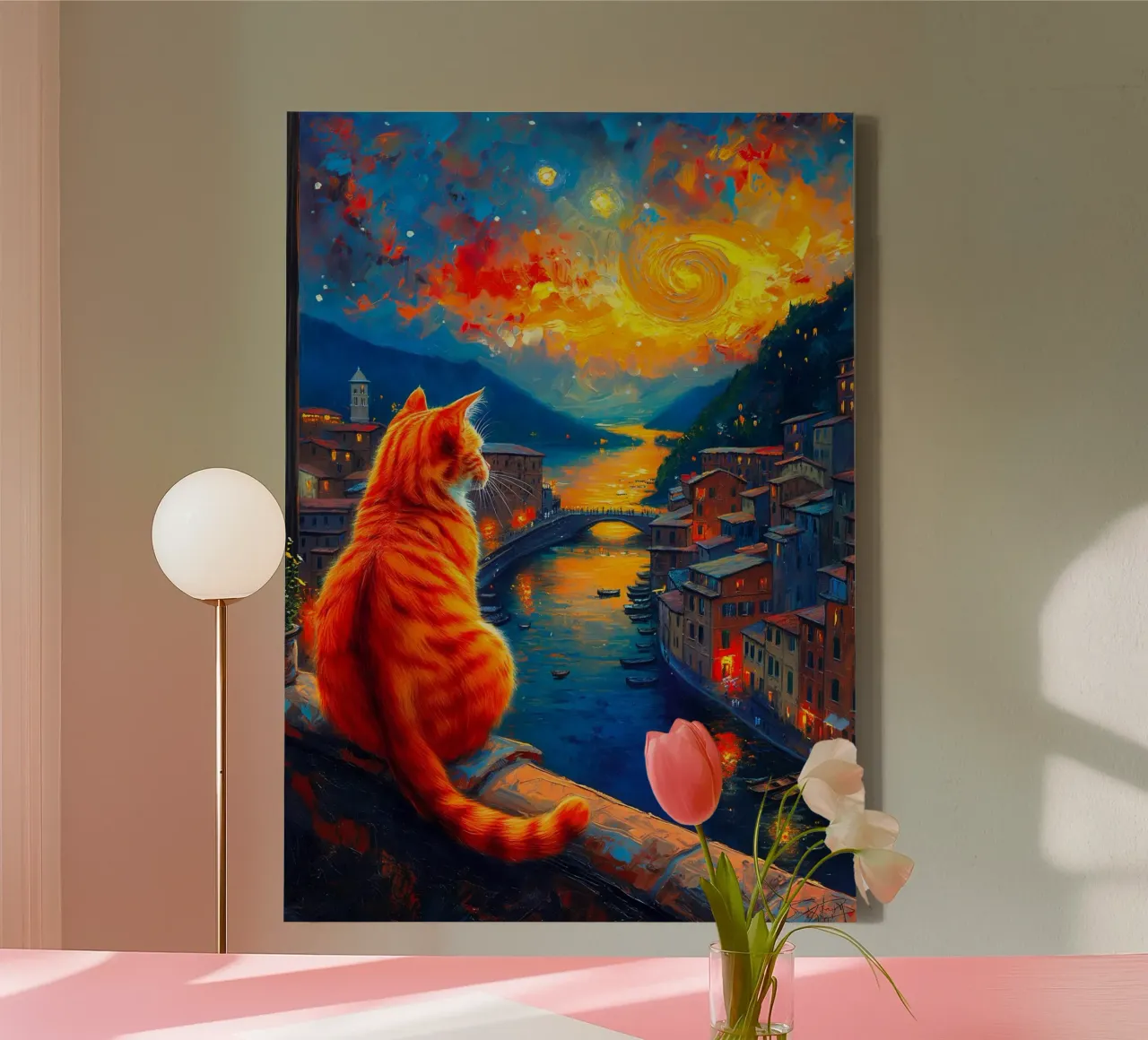 Gatto Notte Stellata tela con Cornice a cassetta da Fleur de Lys