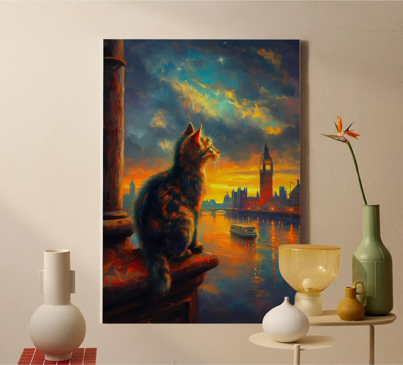 Gatto della notte stellata di Londra tela con Cornice a cassetta da Fleur de Lys