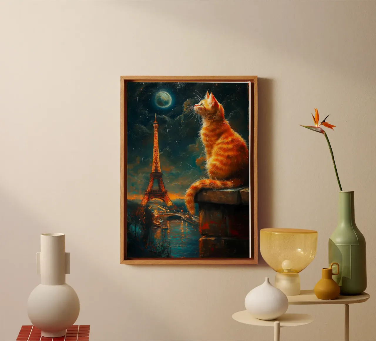 Gatto parigino Notte stellata tela con Cornice a cassetta da Fleur de Lys