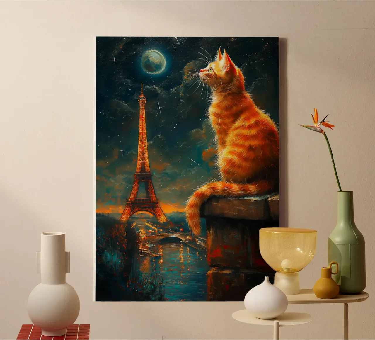Gatto parigino Notte stellata tela con Cornice a cassetta da Fleur de Lys