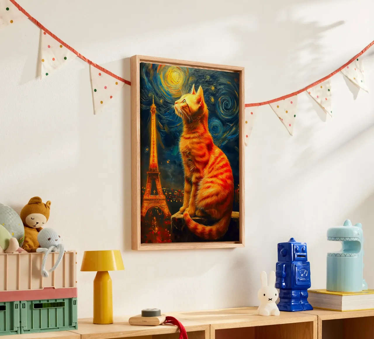 Gatto parigino Notte stellata tela con Cornice a cassetta da Fleur de Lys