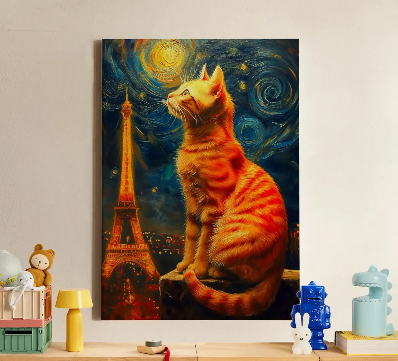 Gatto parigino Notte stellata tela con Cornice a cassetta da Fleur de Lys