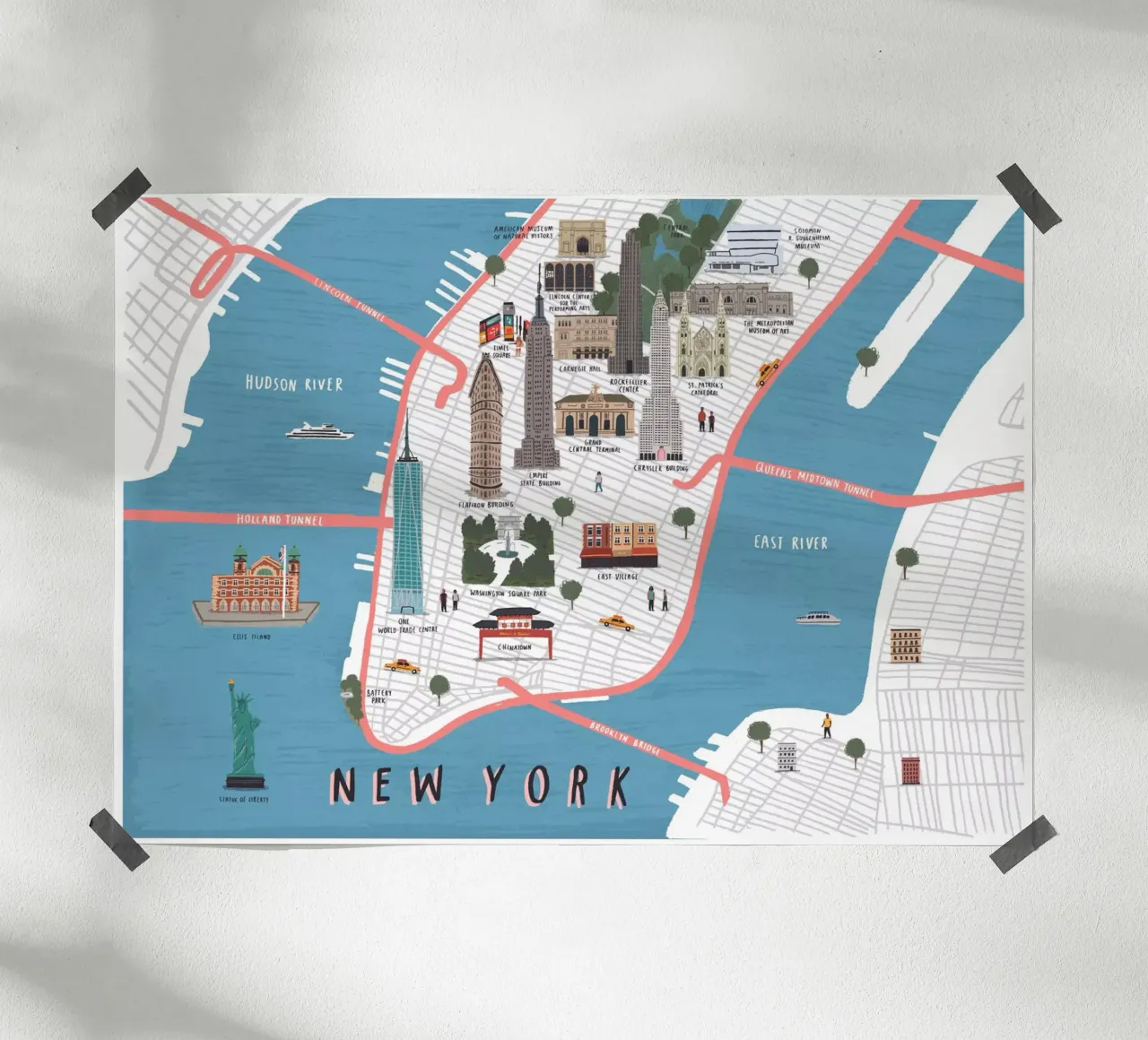 New York Karte Poster mit Aluminium Rahmen von Alex Foster