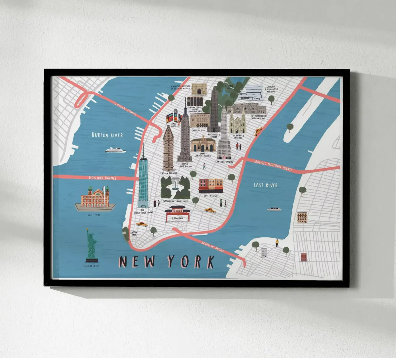 New York Karte Poster mit Aluminium Rahmen von Alex Foster