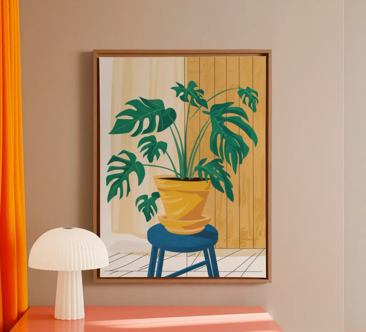 Monstera in zonlicht canvas met Baklijst van Wish Studio
