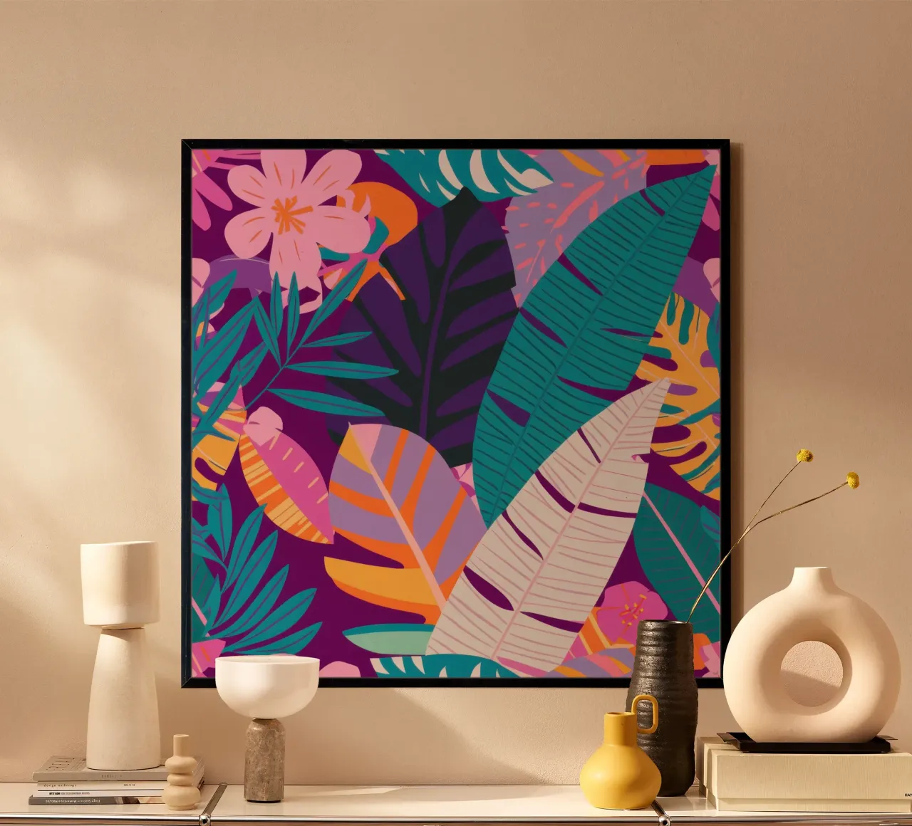 Foglia di banano notturna poster con telaio in alluminio da Wish Studio