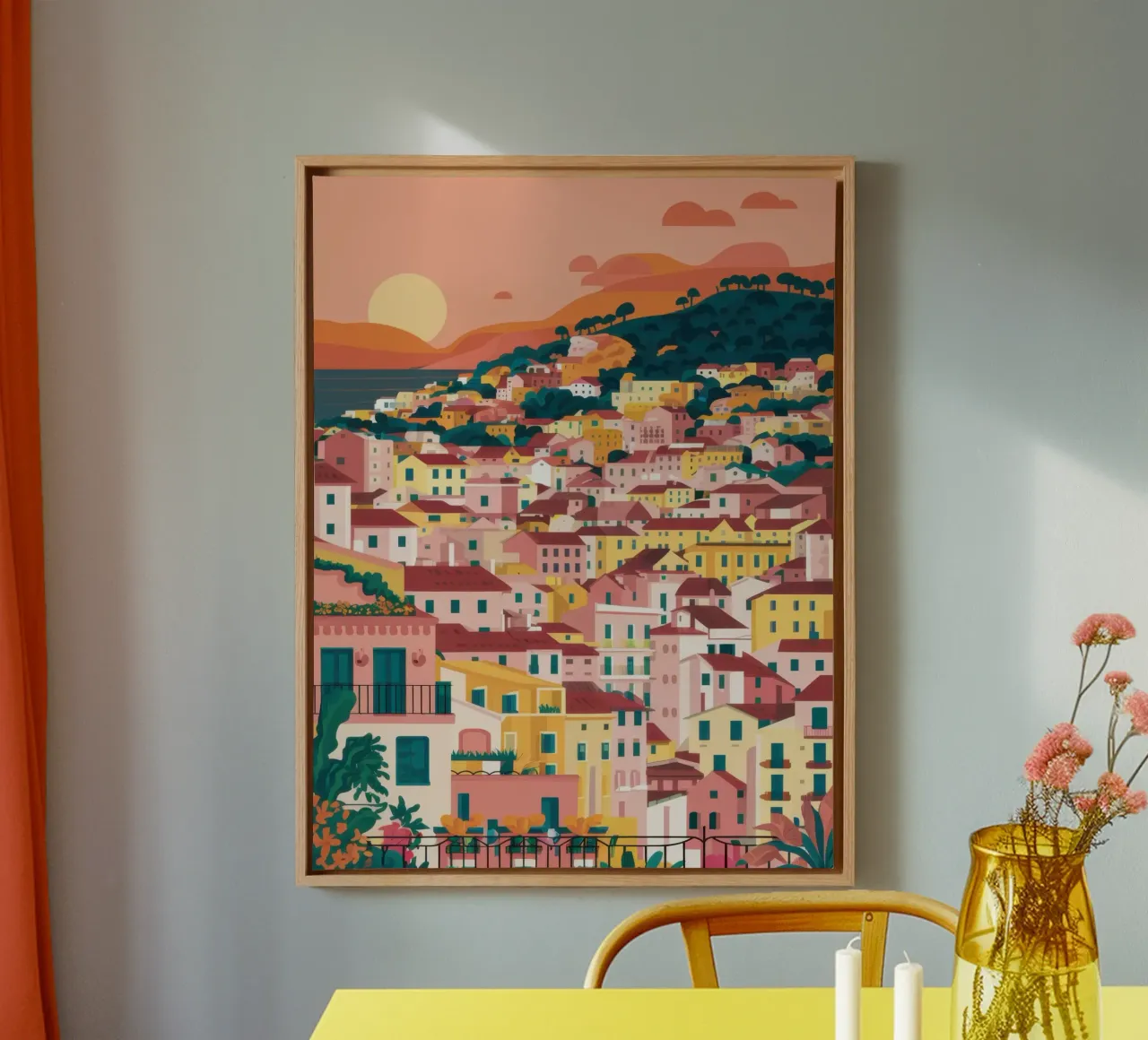 Tramonto sulla città collinare tela con Cornice a cassetta da Wish Studio