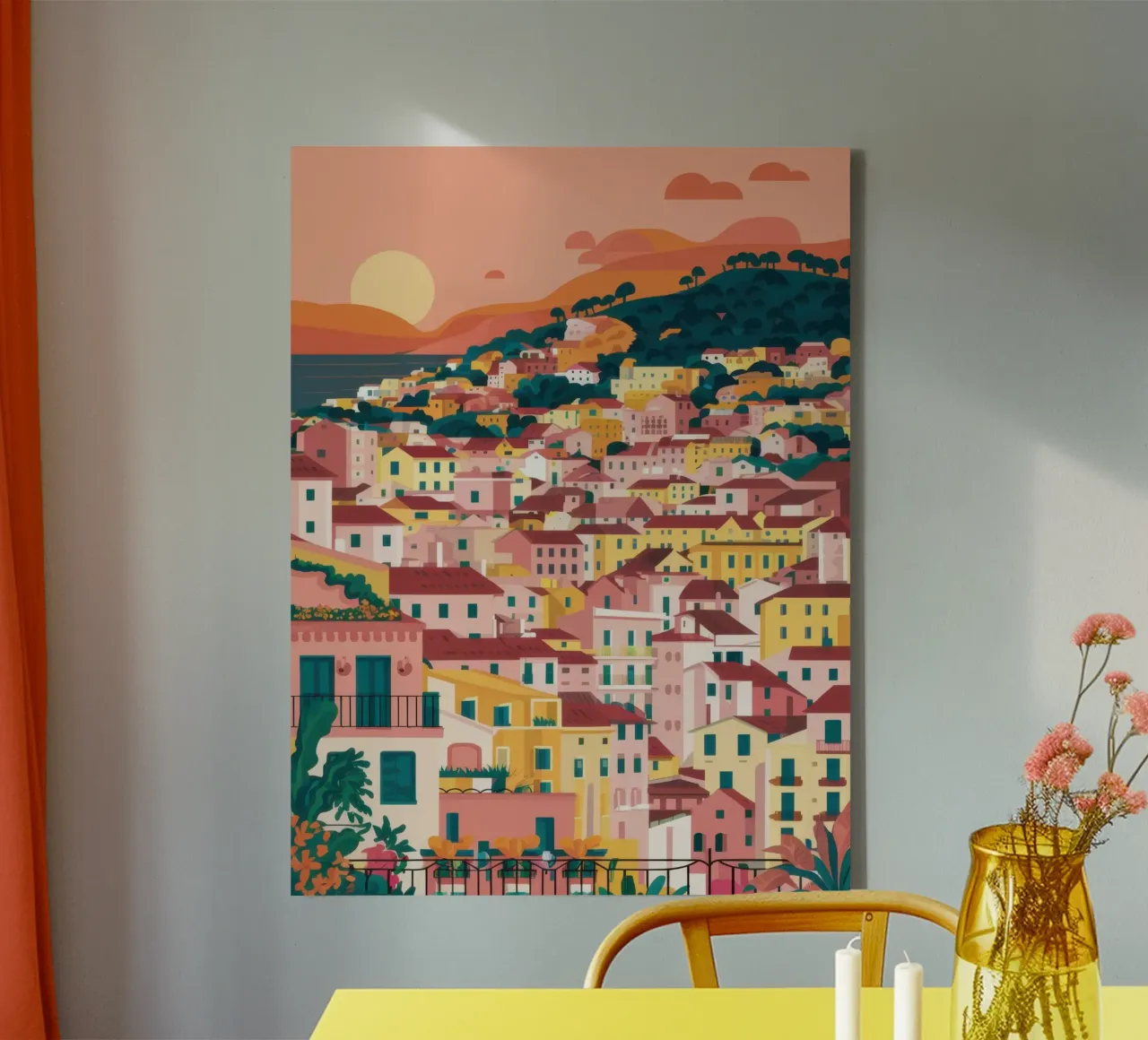Tramonto sulla città collinare tela con Cornice a cassetta da Wish Studio