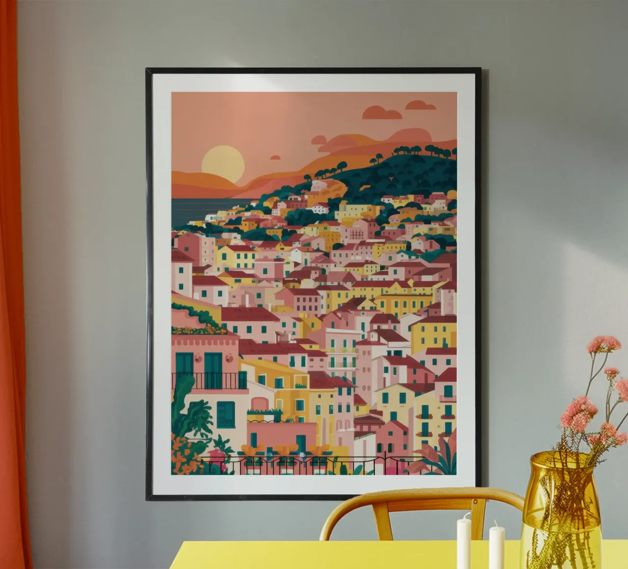 Tramonto sulla città collinare poster da Wish Studio