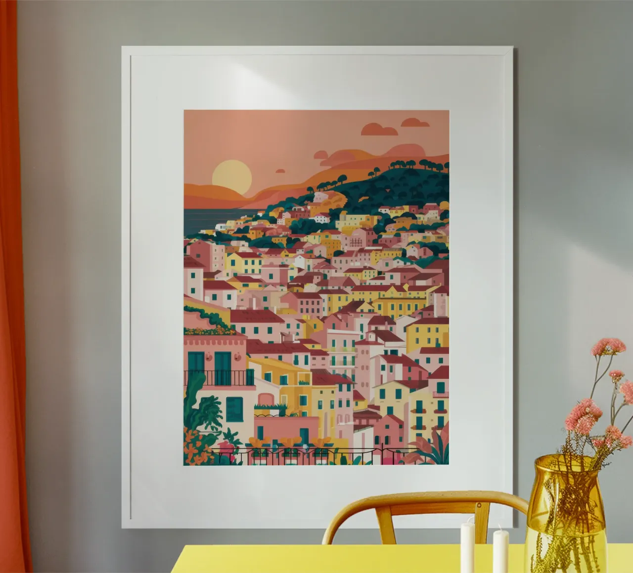 Tramonto sulla città collinare poster da Wish Studio