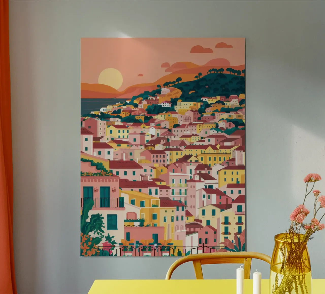 Tramonto sulla città collinare poster da Wish Studio
