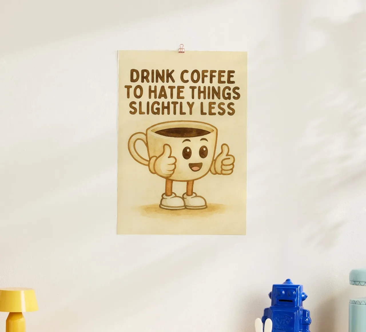 bere caffè per odiare un po' meno le cose poster con telaio in plastica da cepeducks