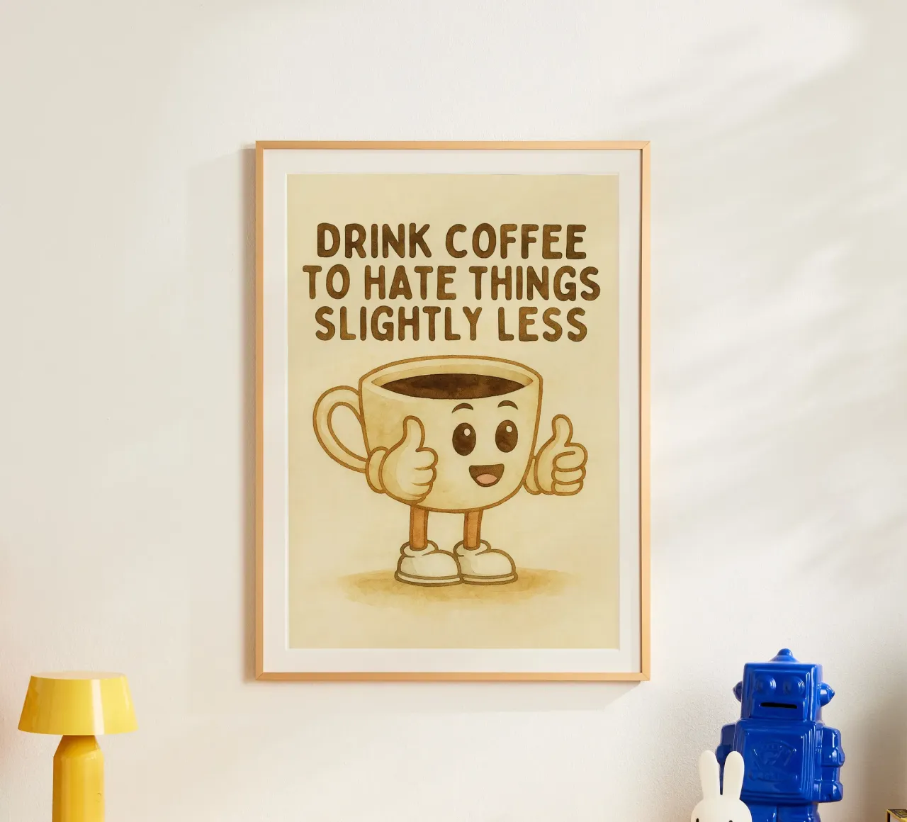 bere caffè per odiare un po' meno le cose poster con telaio in plastica da cepeducks