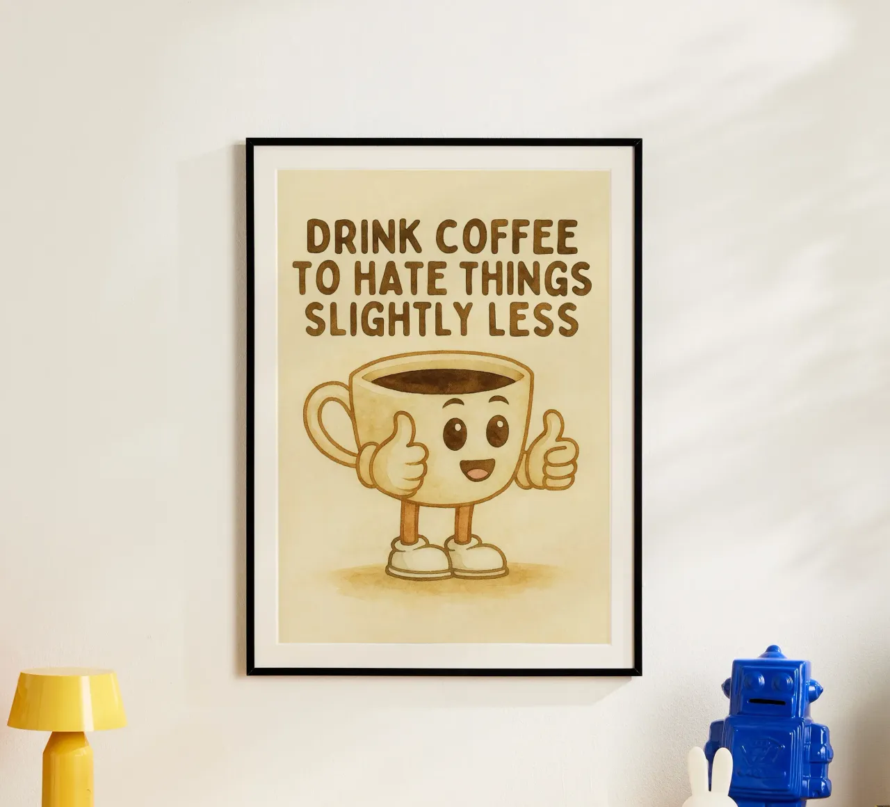 bere caffè per odiare un po' meno le cose poster con telaio in plastica da cepeducks