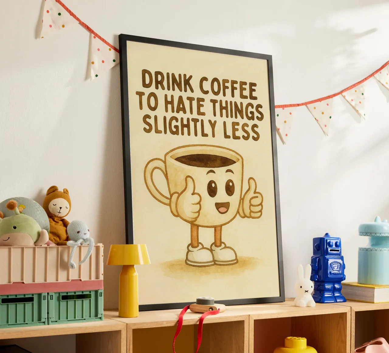 bere caffè per odiare un po' meno le cose poster con telaio in plastica da cepeducks
