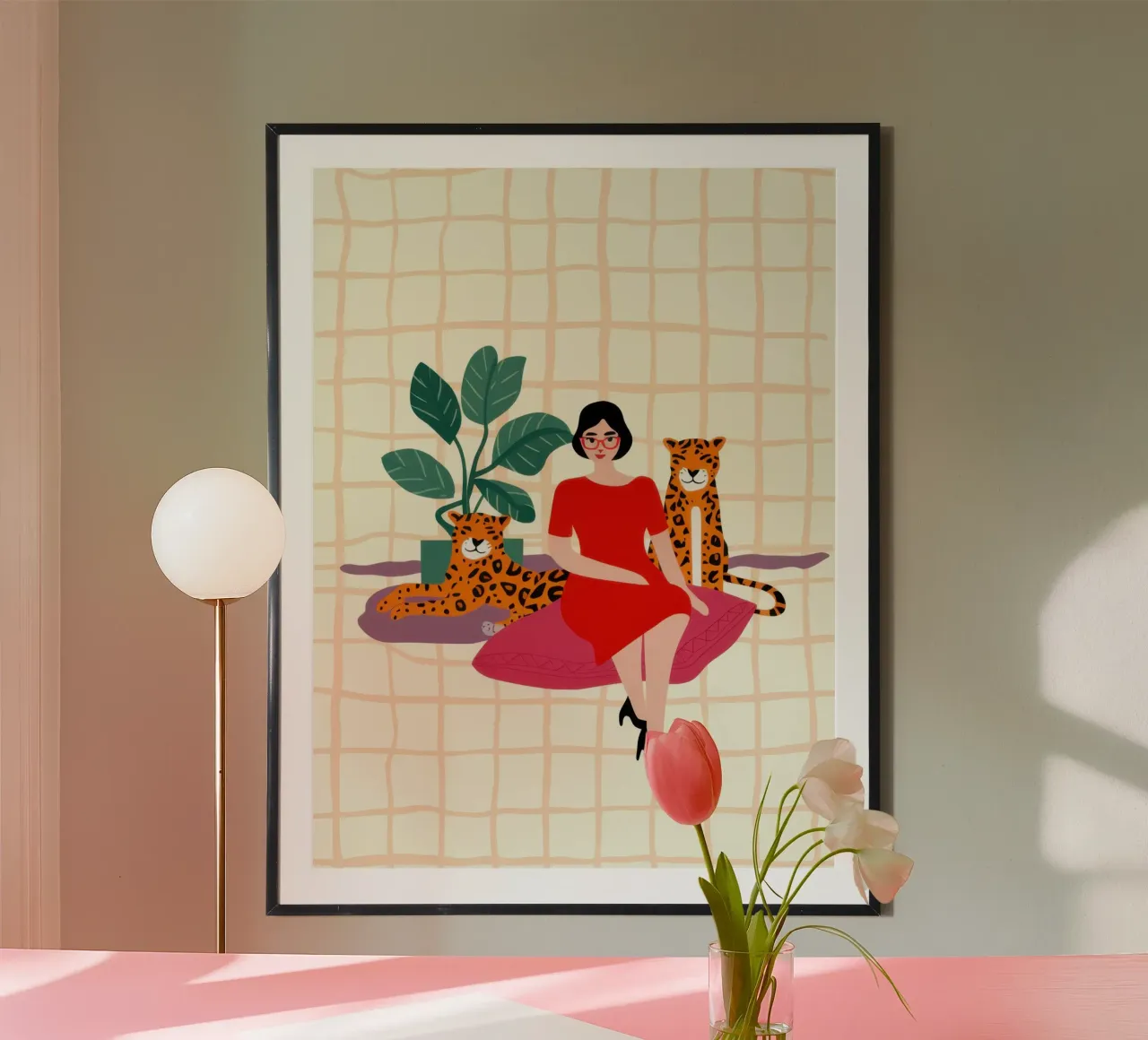 Leopardo in posa poster con telaio in alluminio da Wish Studio