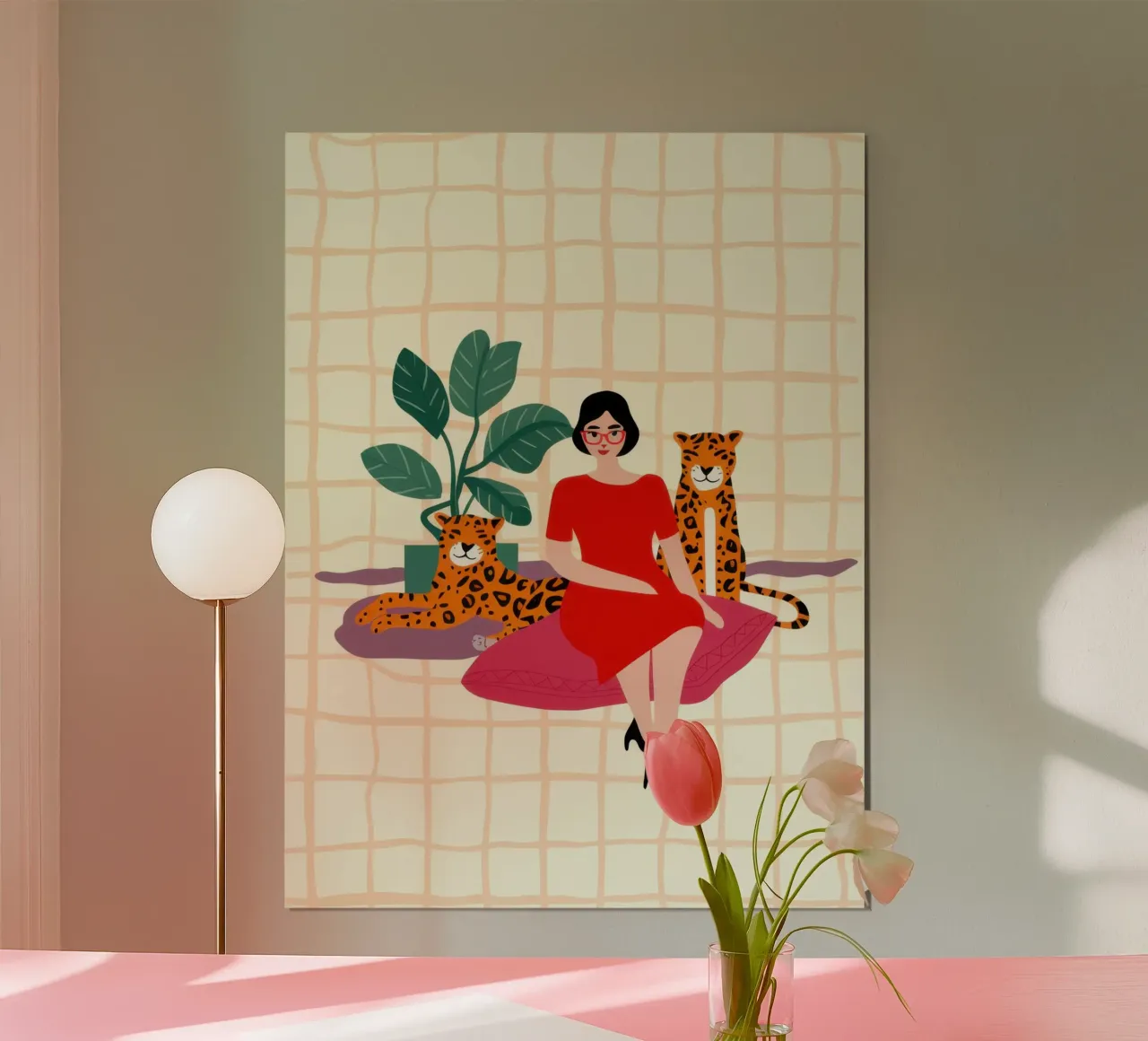 Leopardo in posa poster con telaio in alluminio da Wish Studio