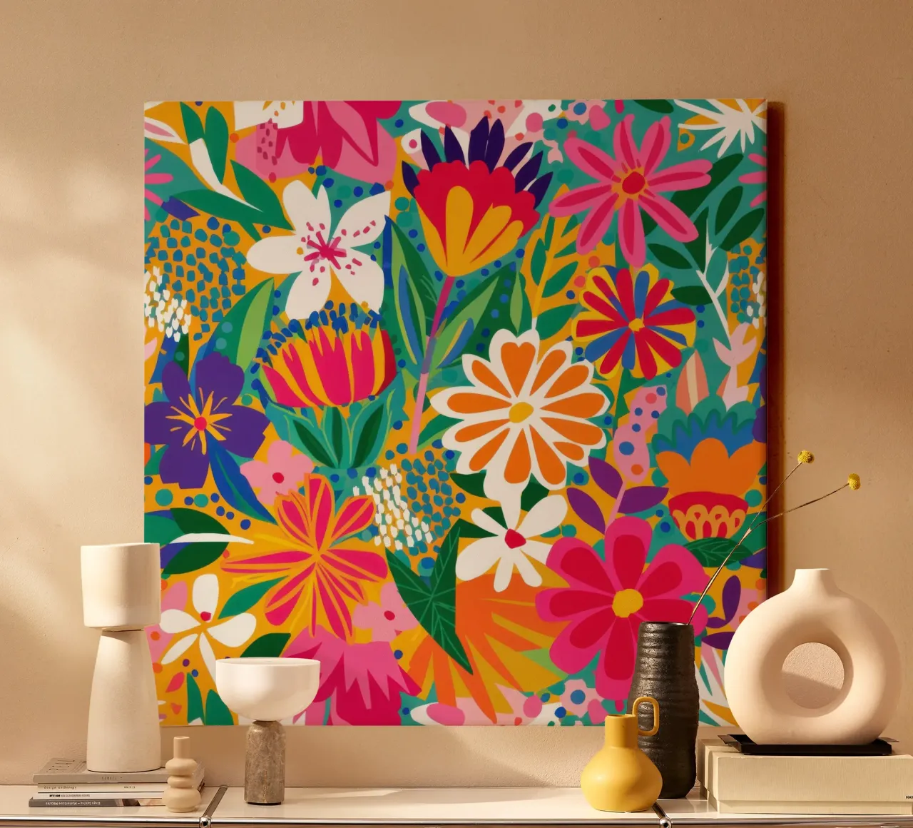 Kaleidoscope of Blooms canvas with Floater frame by Wish Studio