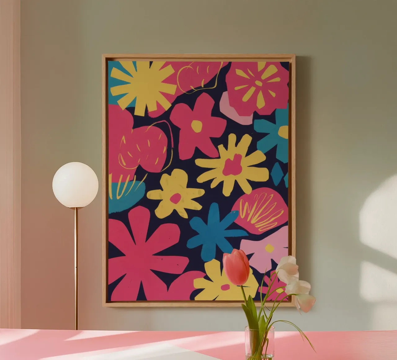 Pop-art bloemblaadjes canvas met Baklijst van Wish Studio