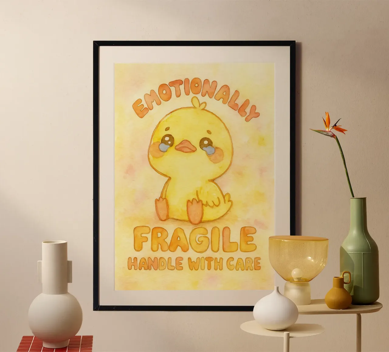 emotivamente fragile maneggiare con cura divertente anatra triste poster con telaio in legno da cepeducks