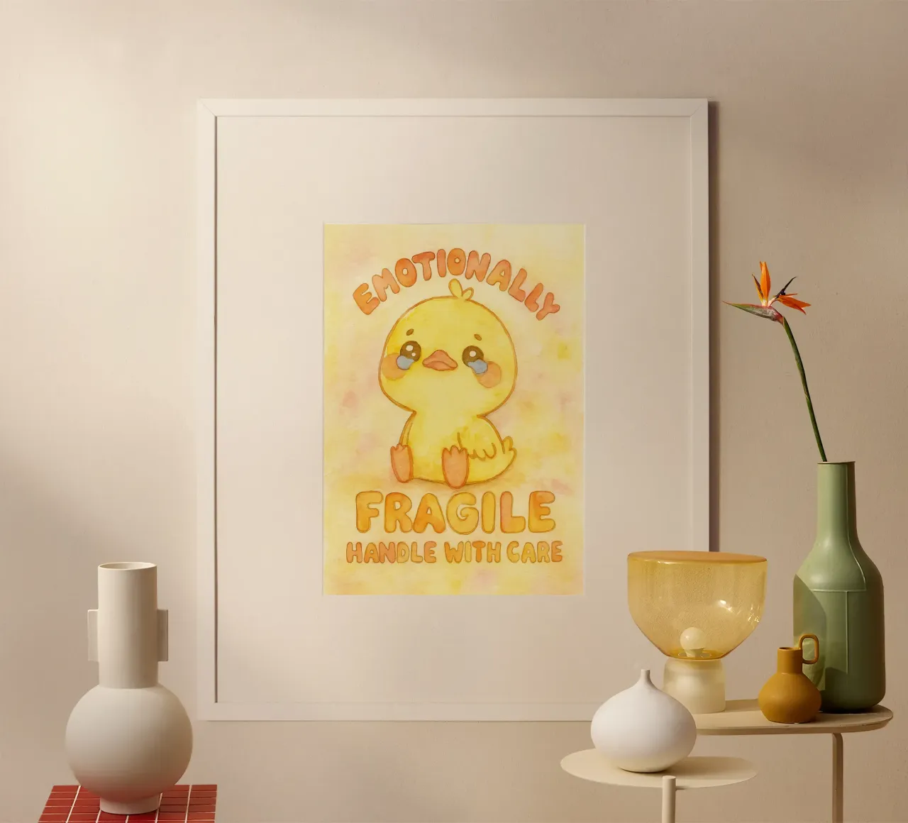 emotivamente fragile maneggiare con cura divertente anatra triste poster con telaio in legno da cepeducks
