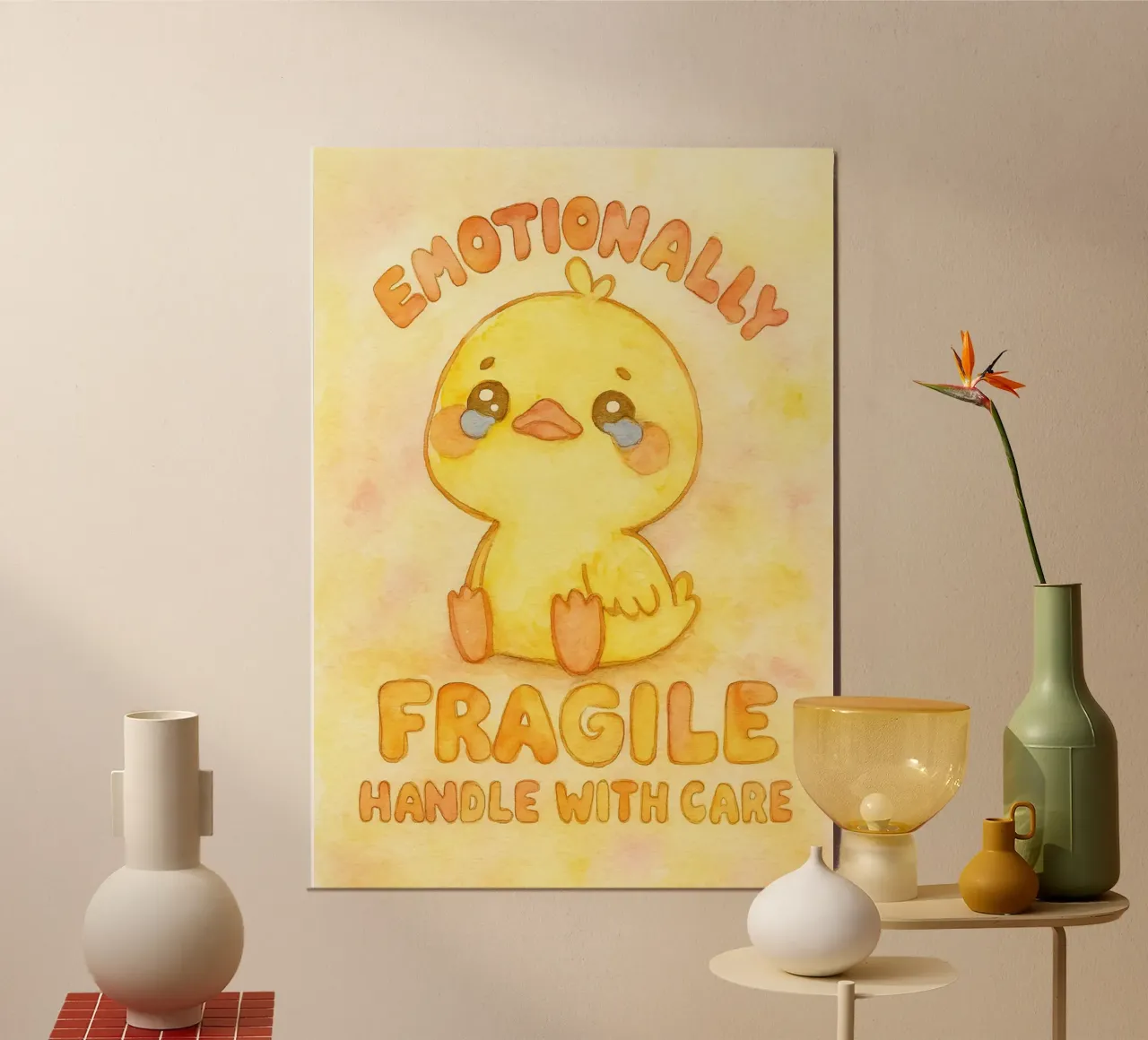 emotivamente fragile maneggiare con cura divertente anatra triste poster con telaio in legno da cepeducks