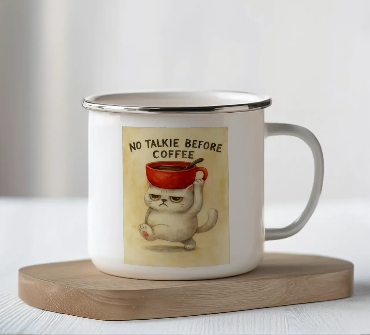 gatto divertente senza parlare prima del caffè tazza in smalto da cepeducks