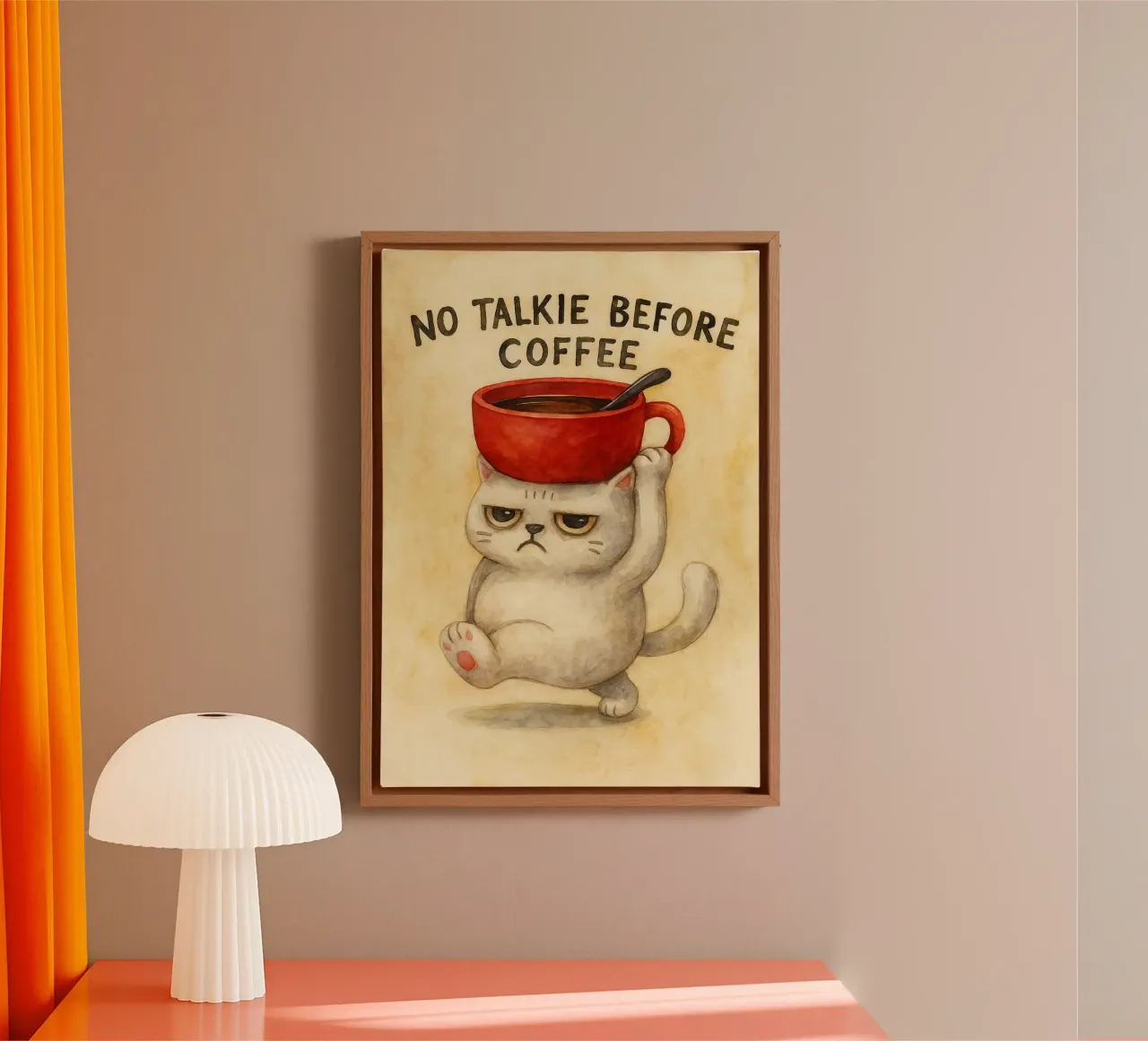 gatto divertente senza parlare prima del caffè tela con Cornice a cassetta da cepeducks