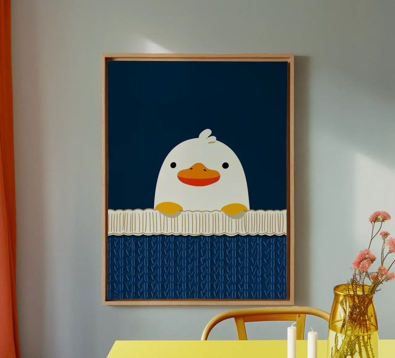 Cute Duck on a Blue Background canvas with Floater frame by Leon Franke