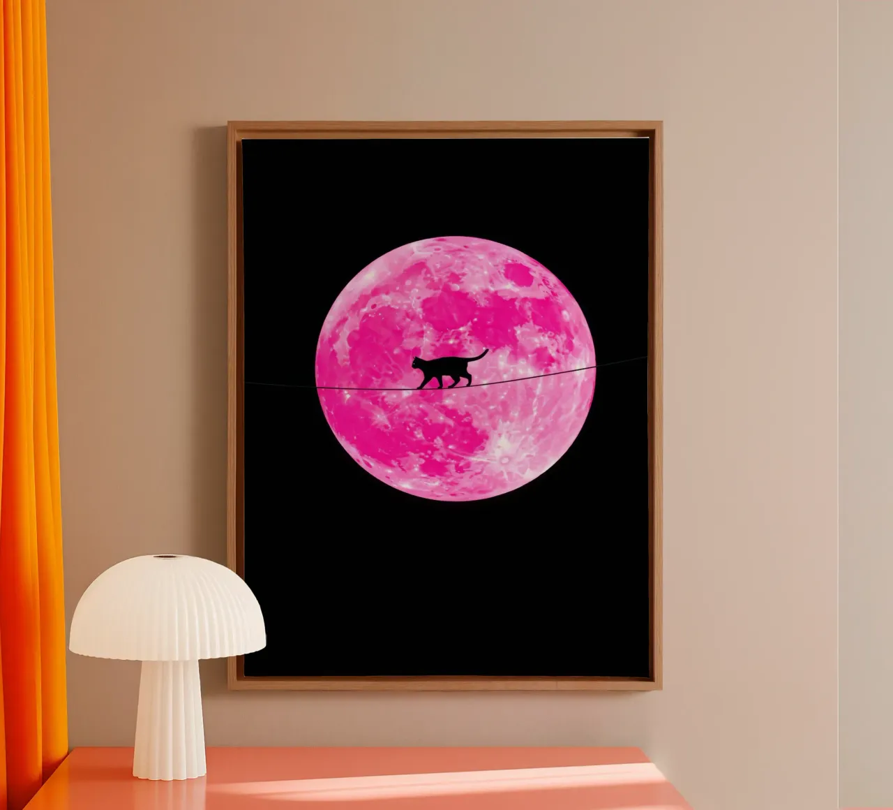 Pink Moon Cat canvas with Floater frame by Leon Franke