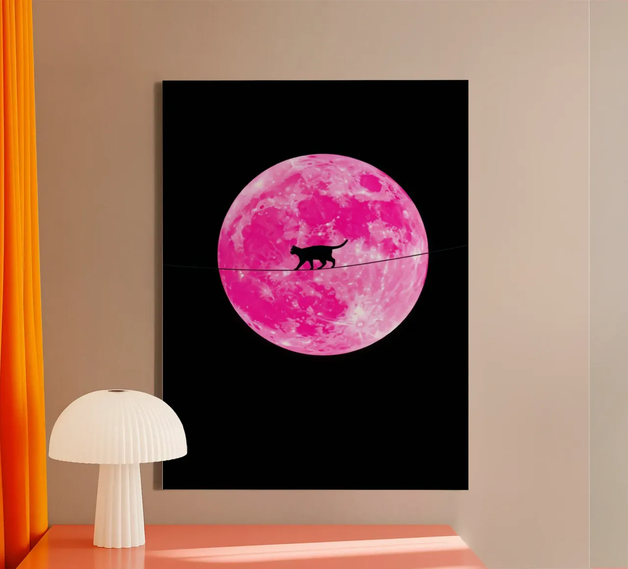 Pink Moon Cat canvas with Floater frame by Leon Franke