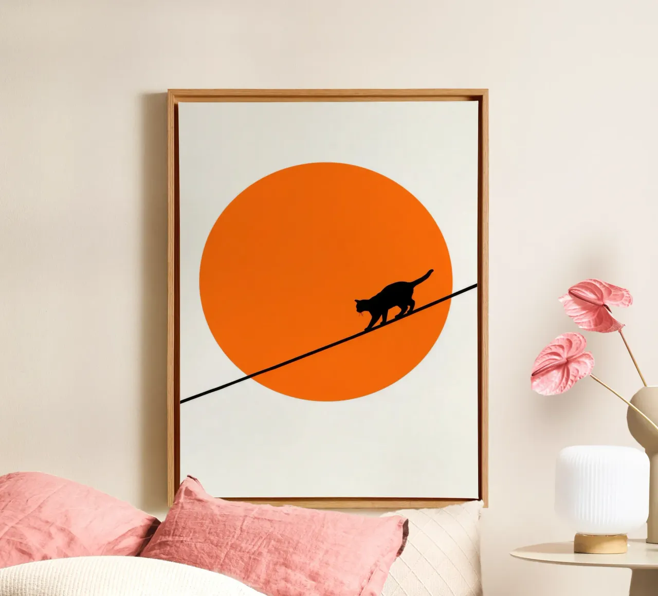 Cat on a Wire canvas with Floater frame by Leon Franke
