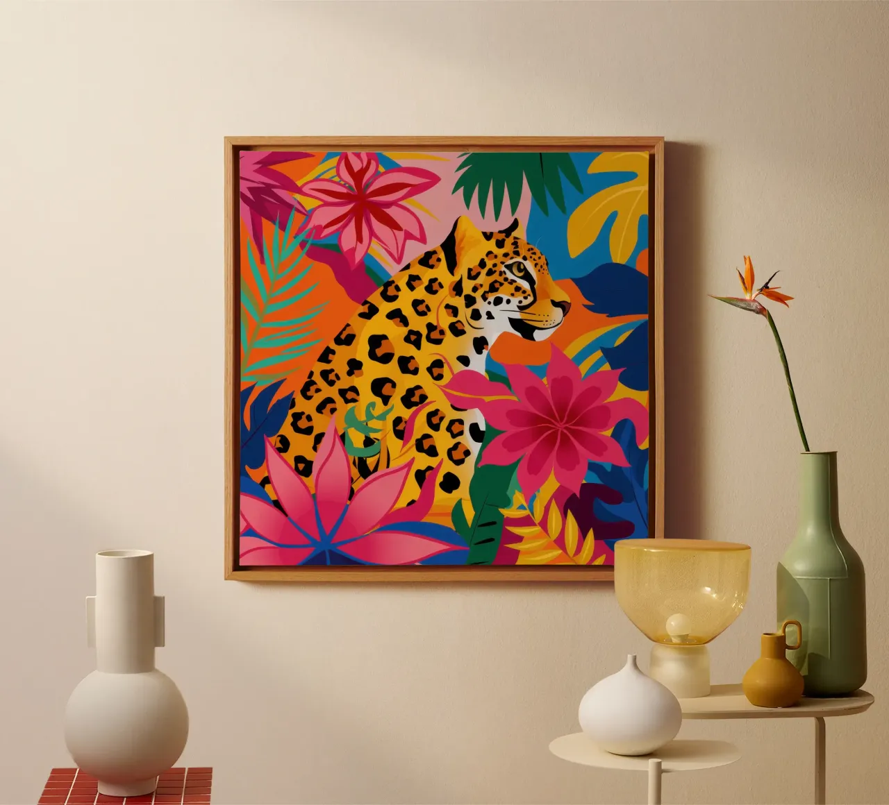 Leopard Floral Hideout canvas with Floater frame by Wish Studio