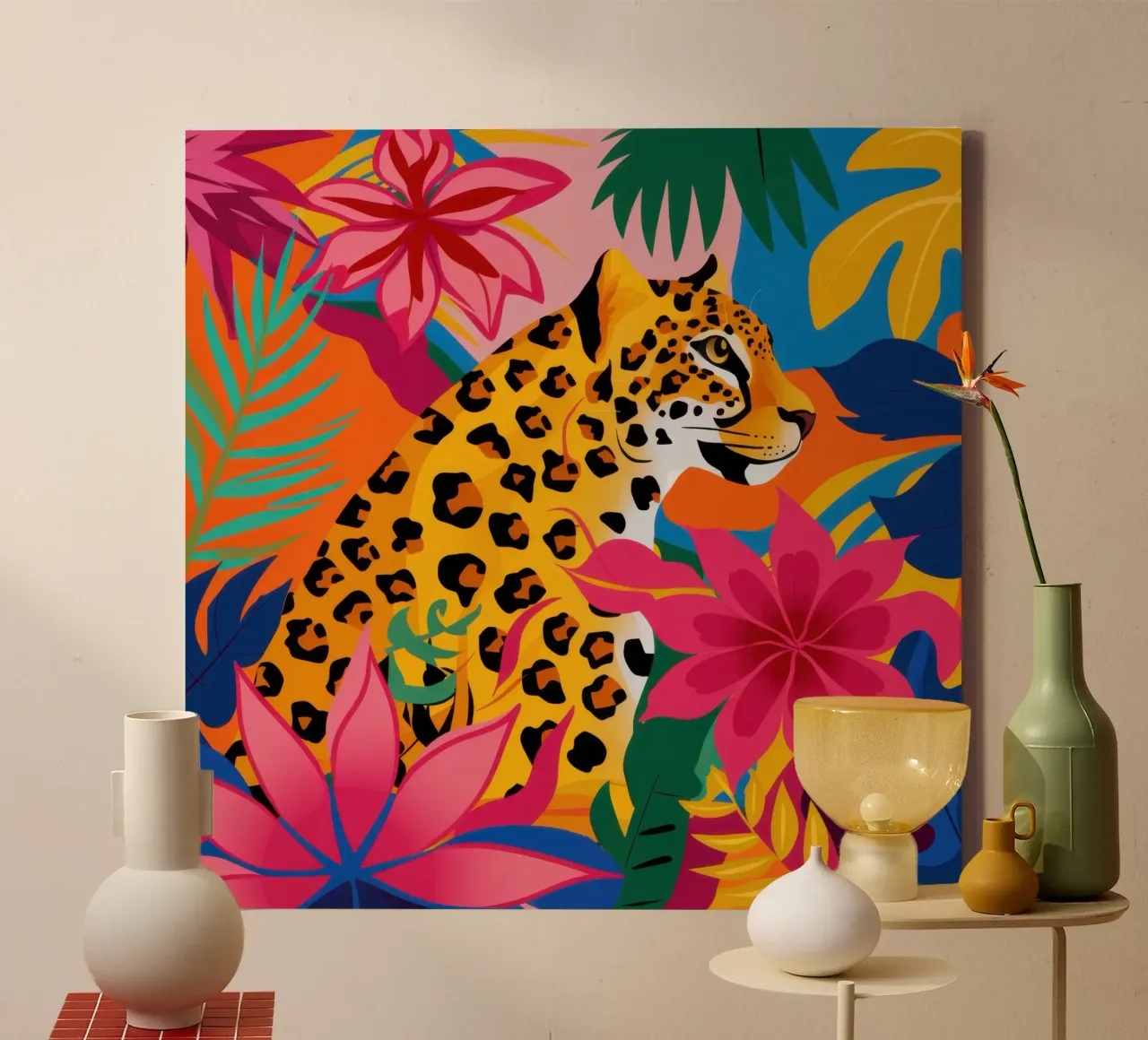 Leopard Floral Hideout canvas with Floater frame by Wish Studio