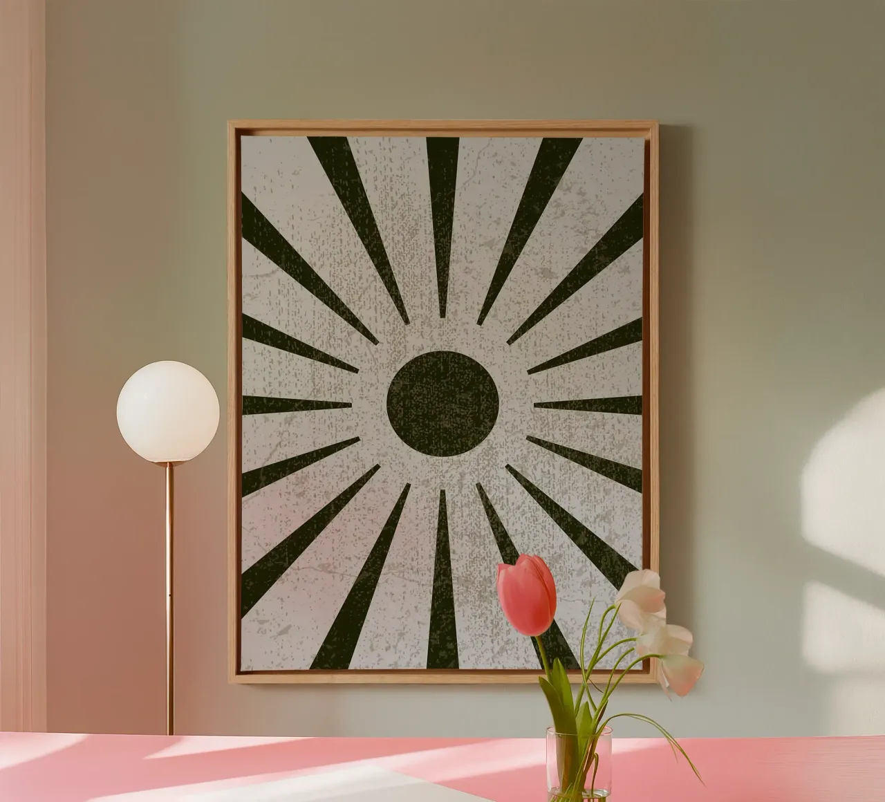 Minimalist Boho Olive Green Sunburst canvas with Floater frame by Lisa Becker