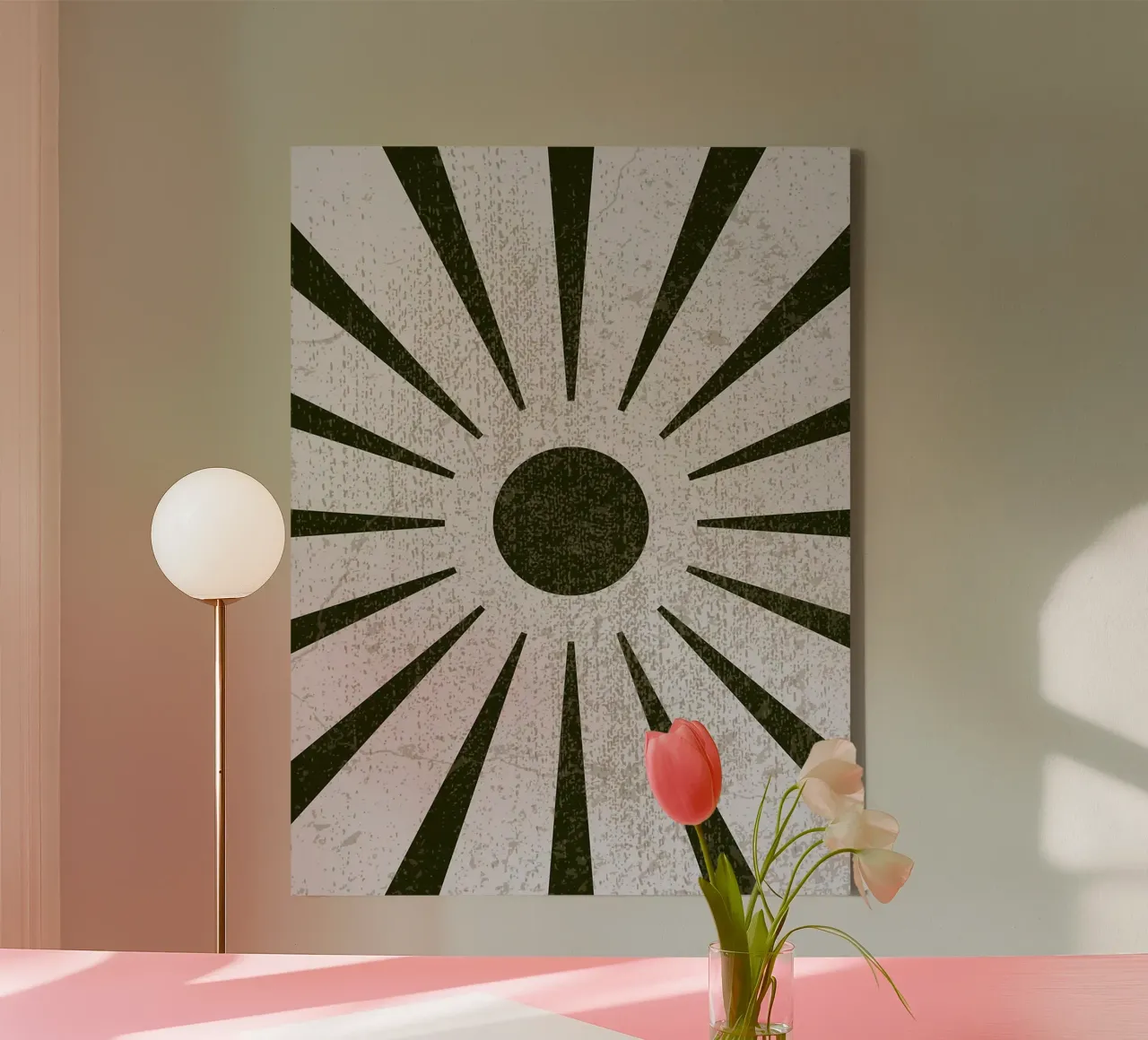 Minimalist Boho Olive Green Sunburst canvas with Floater frame by Lisa Becker