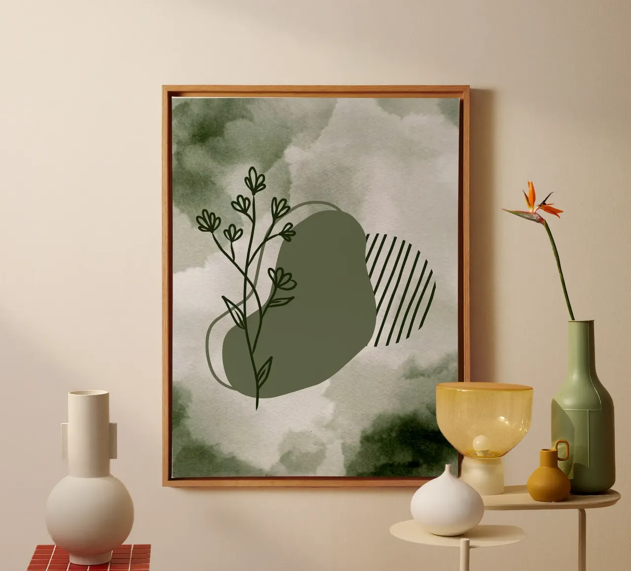 Green Floral Abstract Minimalistic Boho Art canvas with Floater frame by Lisa Becker