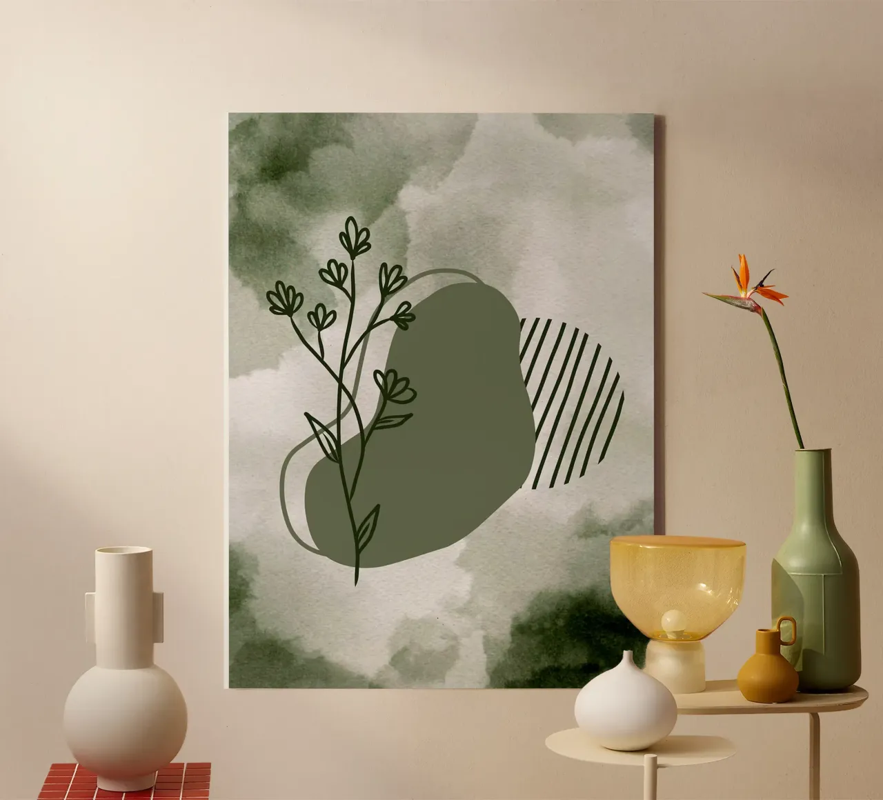 Green Floral Abstract Minimalistic Boho Art canvas with Floater frame by Lisa Becker