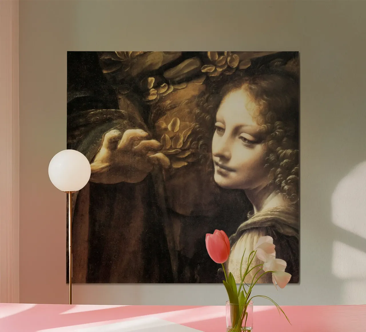 Madonna delle rocce (particolare) di Leonardo da Vinci poster con telaio in plastica da James McIntosh