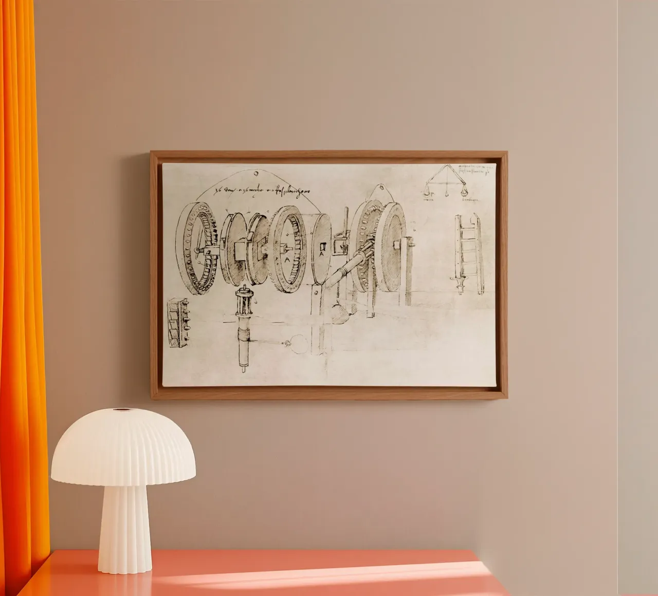 Mechanisch ontwerp door Leonardo da Vinci canvas met Baklijst van James McIntosh