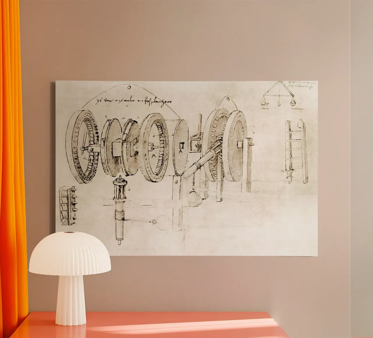 Mechanisch ontwerp door Leonardo da Vinci canvas met Baklijst van James McIntosh