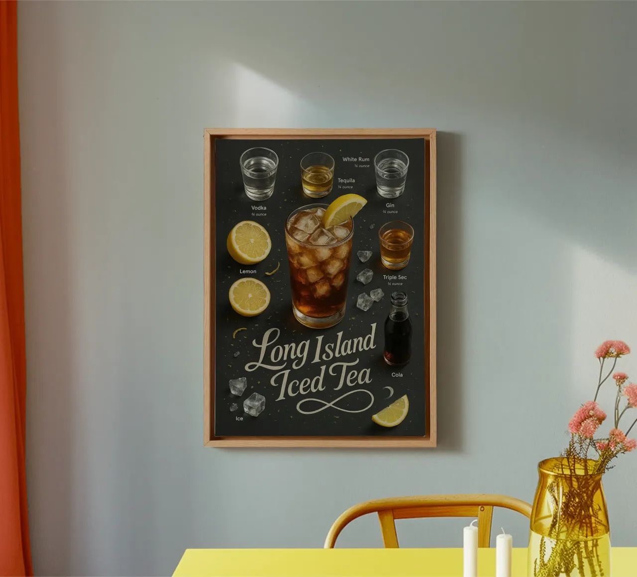 Poster per il tè freddo Long Island - Mix per feste a cinque spiriti tela con Cornice a cassetta da mesa