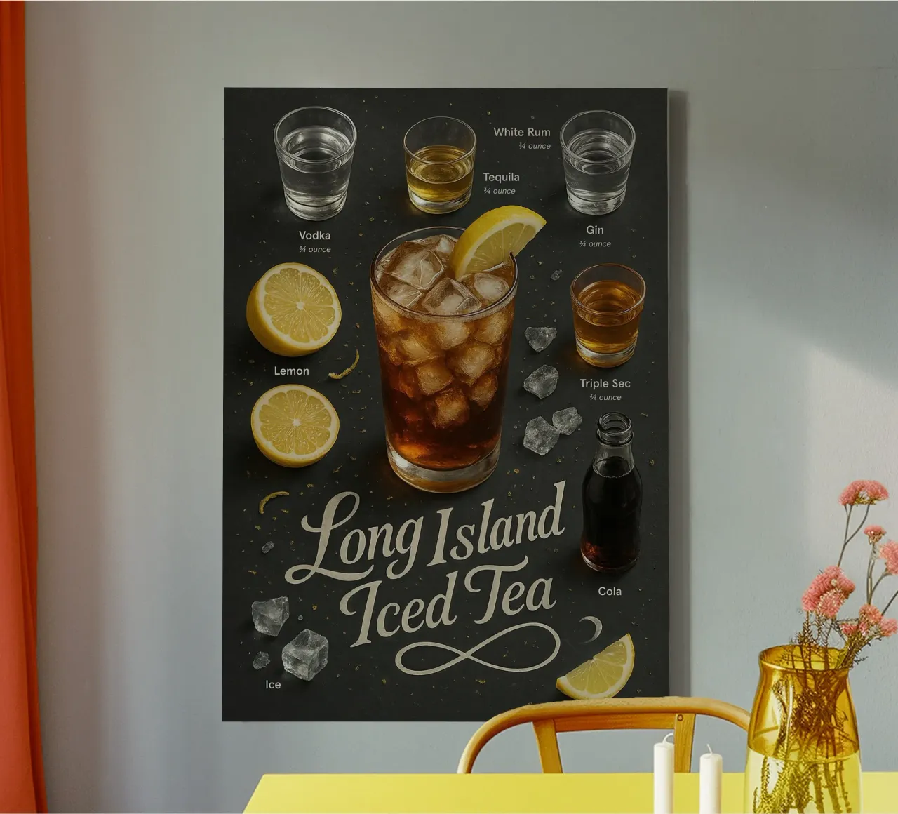 Poster per il tè freddo Long Island - Mix per feste a cinque spiriti tela con Cornice a cassetta da mesa