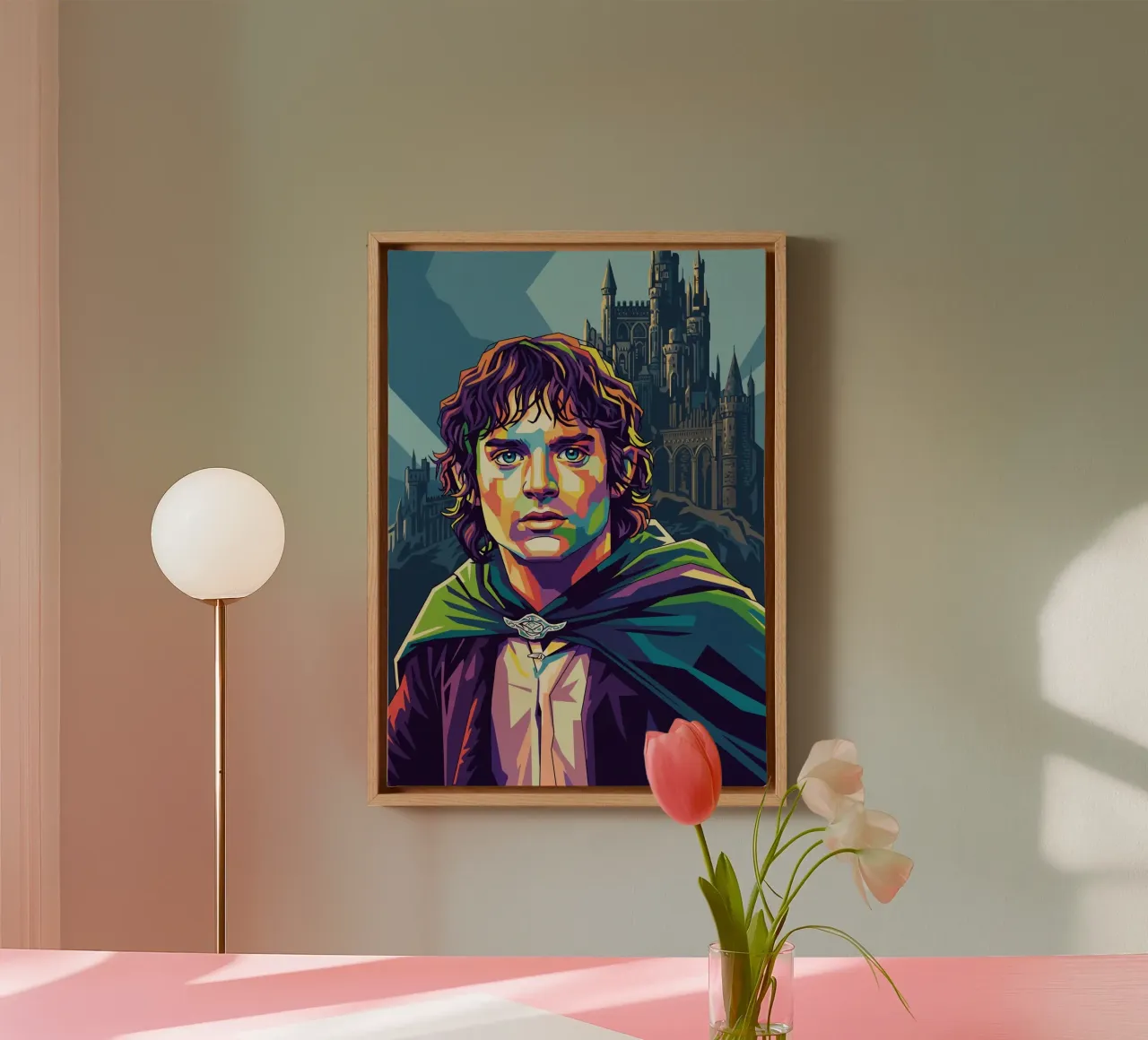 Der Herr der Ringe - Elijah Wood Pop-Art-Porträt Leinwand mit Schattenfugenrahmen von Hantamrata